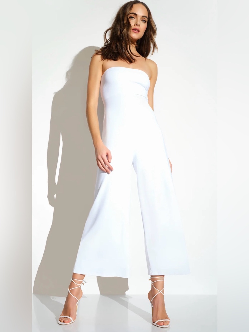 Susana Monaco Signature Stretch Strapless Flare Hem Cropped White Jumpsuit Med